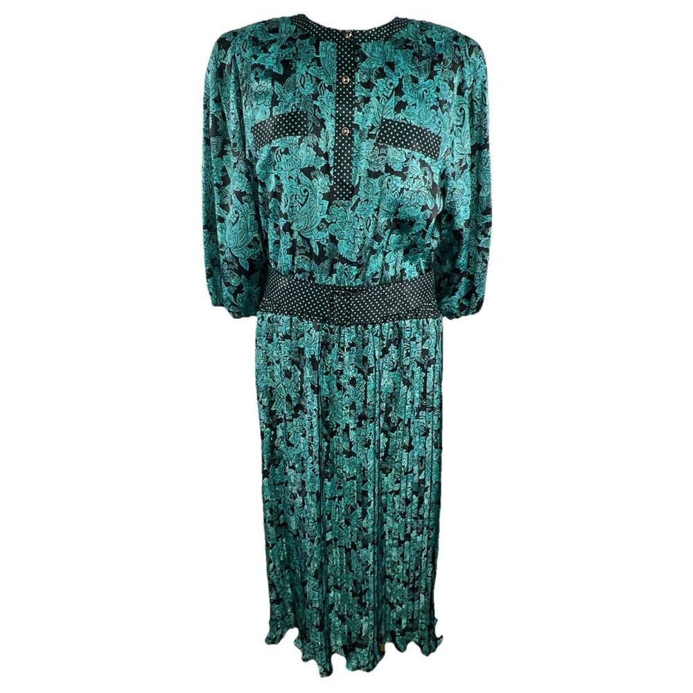 Vtg Diane Freis Dress One Size Teal and Black Floral Midi Georgette Jacket Belt